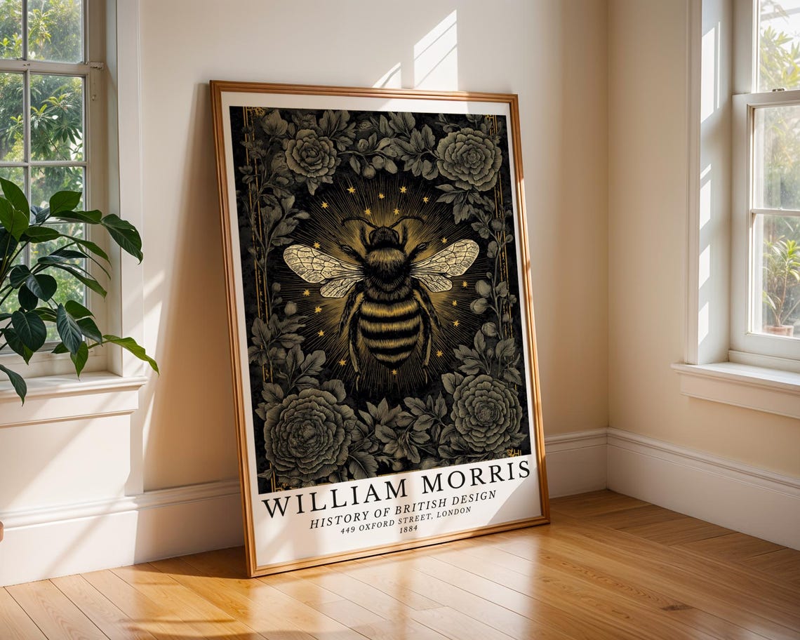 Radiant Glowing Bee Among Dark Roses and Stars Morris Style Poster