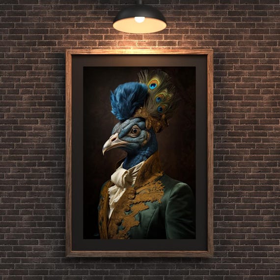 Peacock In Green Rococo Coat With Feathered Headpiece Opulent Wall Art Bathroom Funny Animal Portrait Home Office Decor