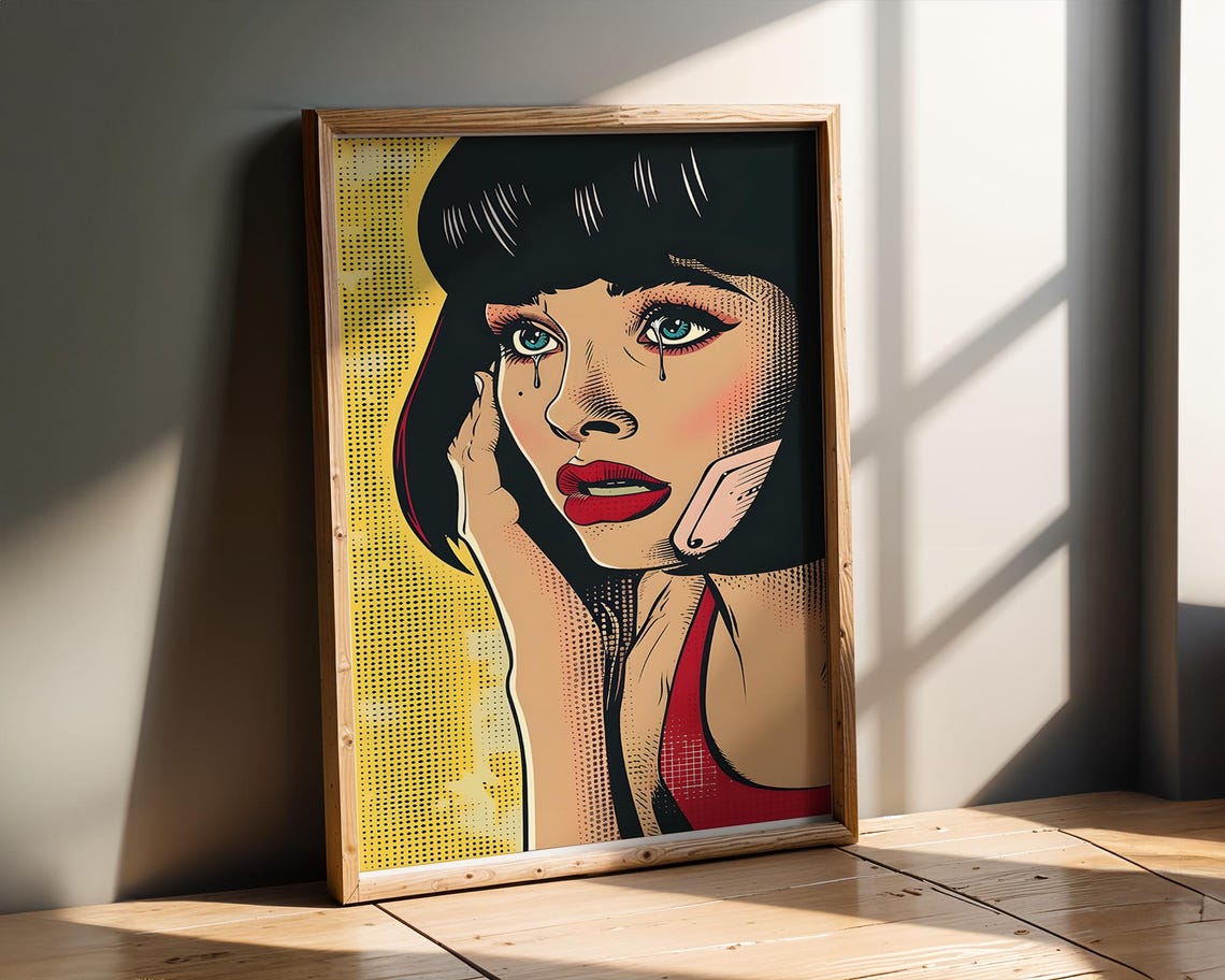 Crying Woman Pop Art Retro Comic Yellow Halftone Drama Poster
