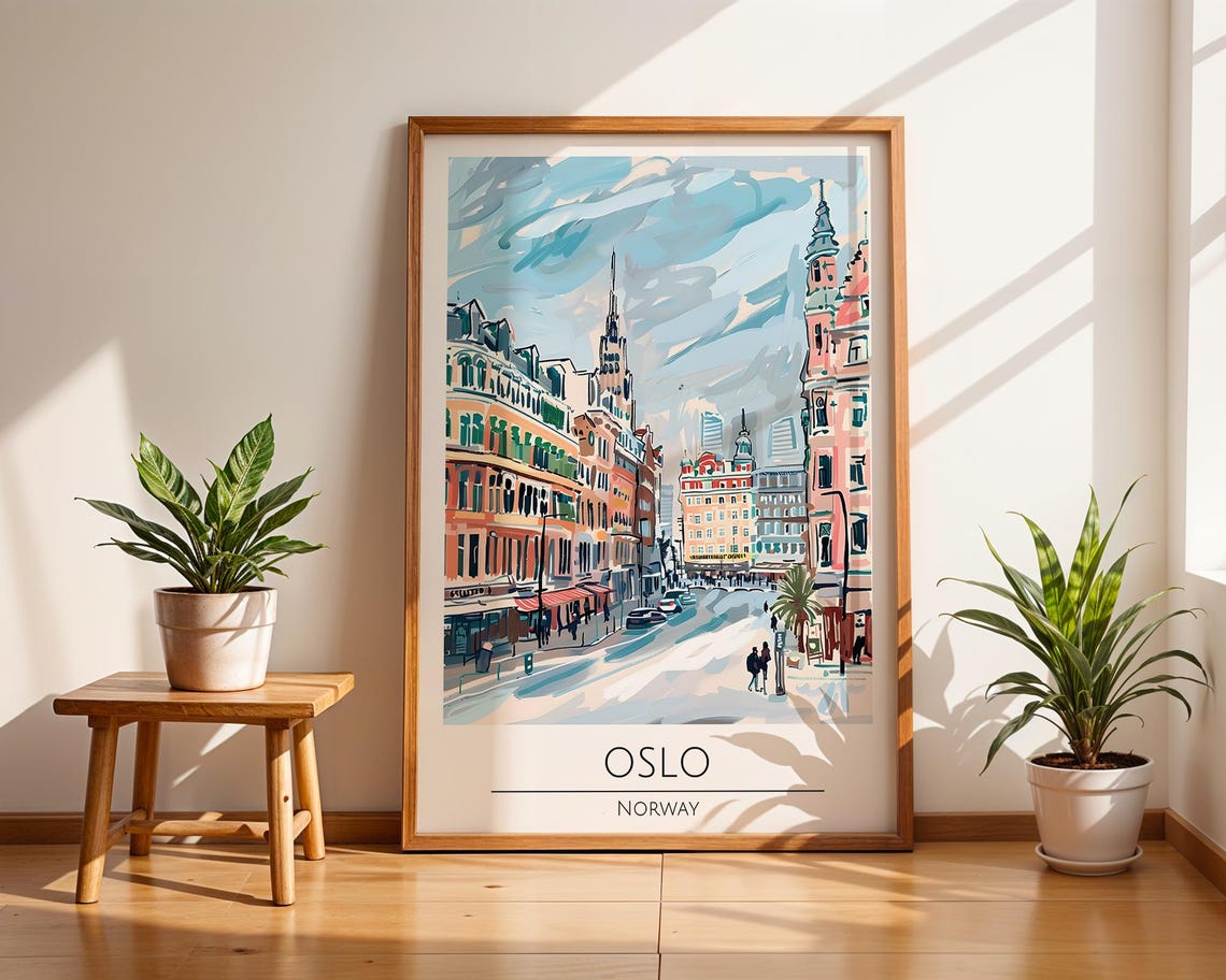 Oslo Norway Illustrated Colorful City Street Scene Art Poster
