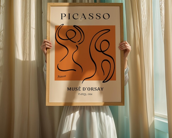 Picasso-Inspired Dancing Figures Orange Minimalist Line Art Poster