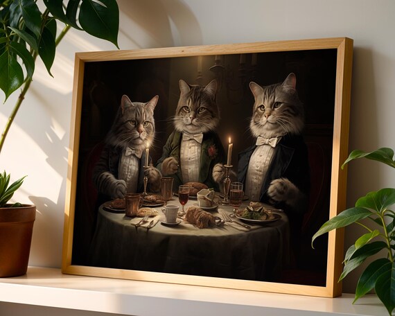 Tabby Tuxedo Cats Candlelit Formal Dinner Whimsical Cat Painting Poster