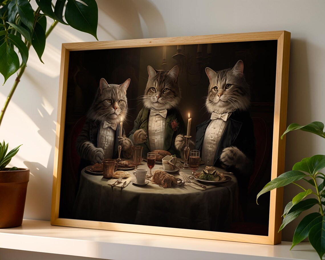 Tabby Tuxedo Cats Candlelit Formal Dinner Whimsical Cat Painting Poster