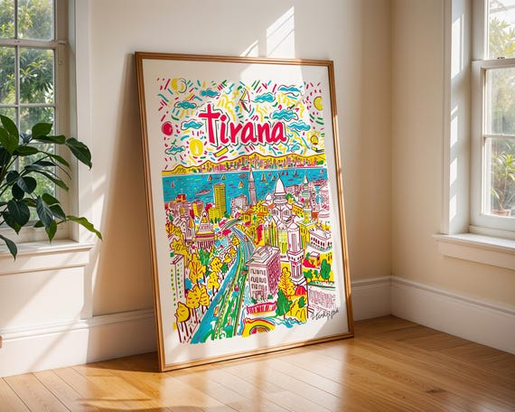 Tirana Albania Travel Poster Print Colourful City Wall Art Eastern Europe Illustration Unique Home Decor