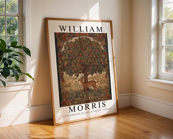 William Morris Inspired Forest Art Deer Tree Tapestry Print Medieval Nature Scene Vintage Botanical Poster Gift For Lovers