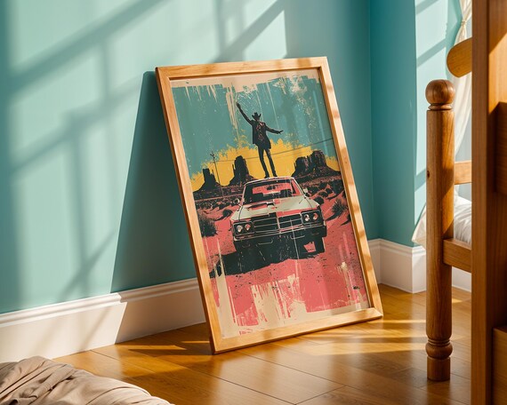 Retro Western Road Trip Art Print Cowboy Standing On Classic Car In Desert Scene Bold Pop Americana Wall Decor For Vintage Lovers
