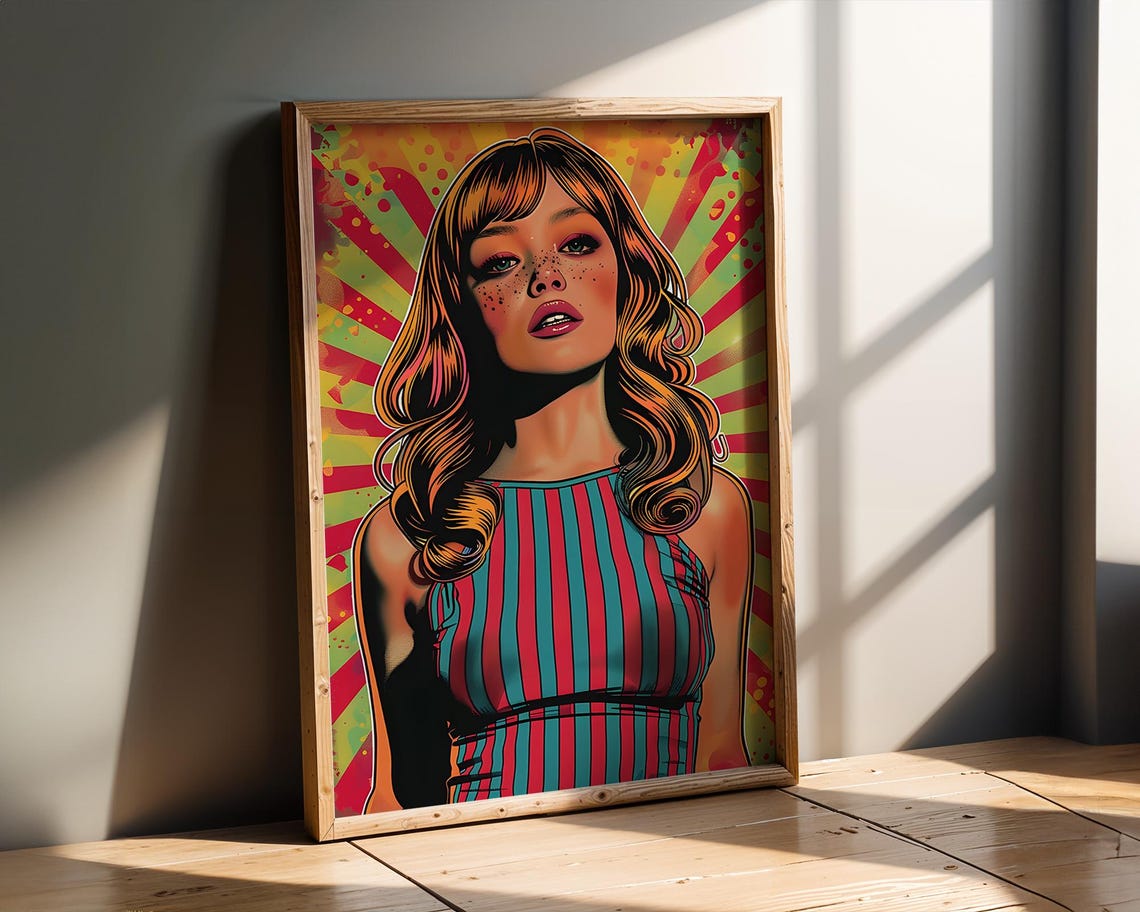 Retro 60s Pop Art Girl Striped Dress Psychedelic Portrait Poster