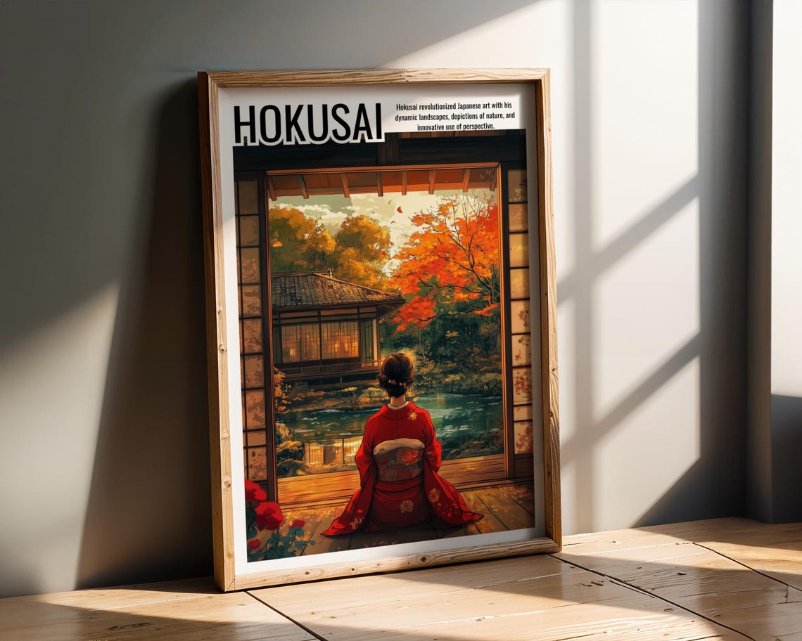 Hokusai Autumn Tea House Geisha Scene Serene Japanese Poster