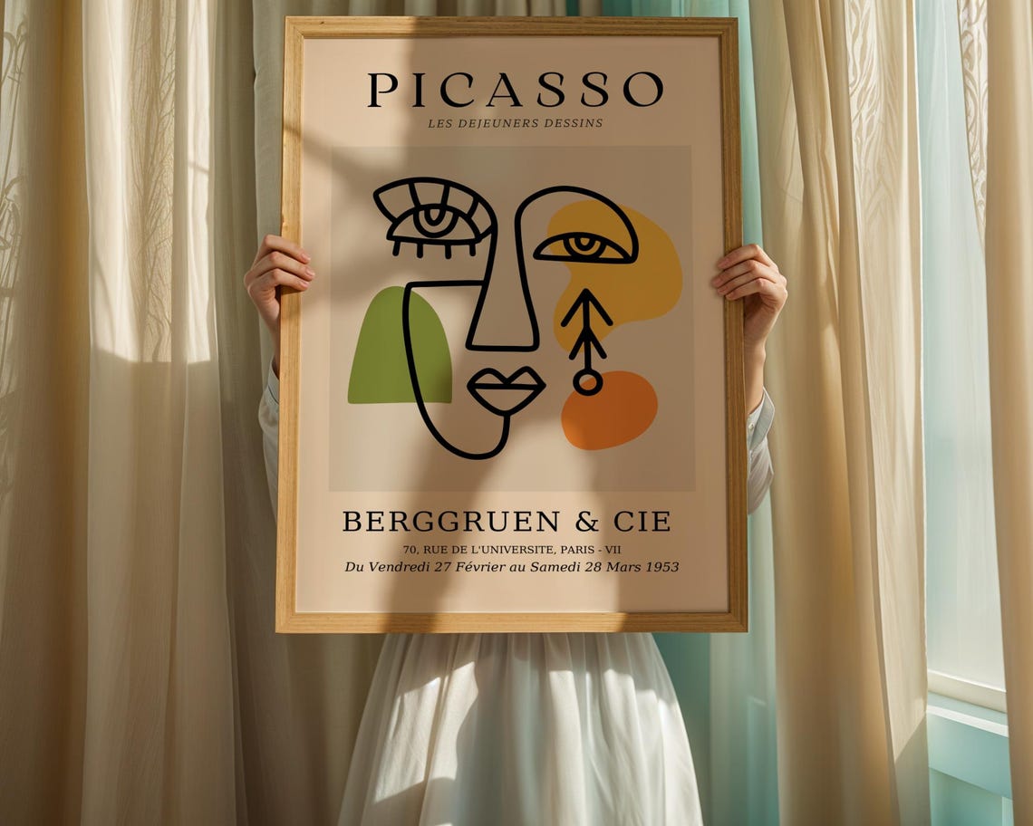 Picasso-Inspired Abstract Face Yellow Green Cubist Line Art Poster