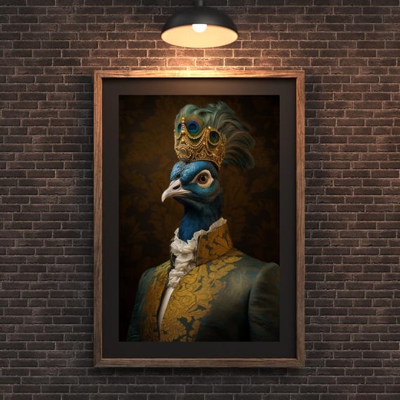 Peacock In Royal Brocade Golden Crown Regal Aristocrat Bird Print Bathroom Wall Art Funny Animal Portrait Home Office Decor Fun