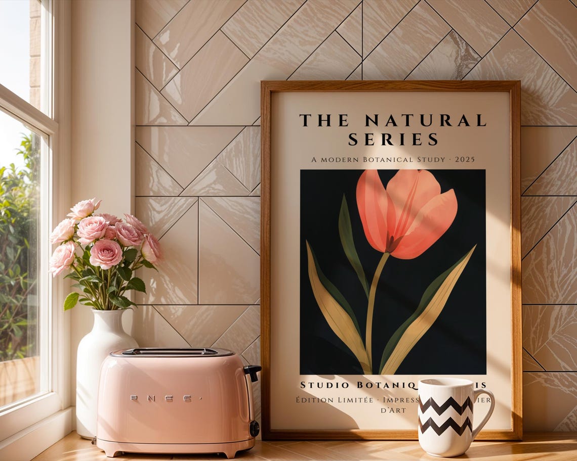 Coral Tulip Botanical On Black Moody Floral Natural Series Wall Art