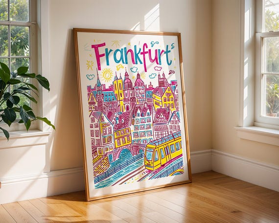 Frankfurt Germany Travel Poster Print Colourful Wall Art For Home Decor Old Town Cityscape Illustration European Gift