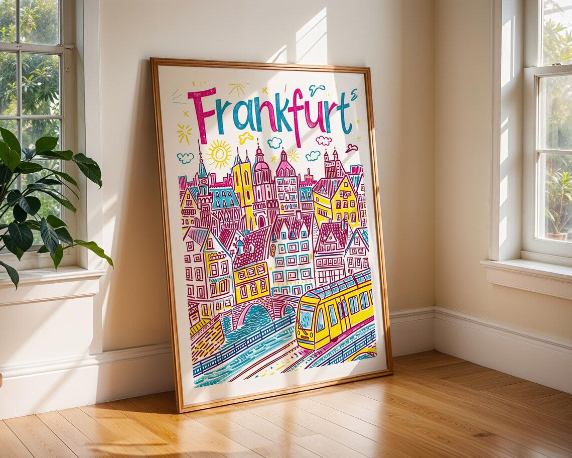 Frankfurt Germany Handdrawn Colourful Old Town City Travel Poster