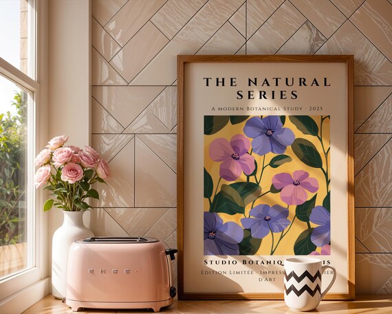 Vivid Violet Flowers On Yellow Bold Botanical Print Maximalist Floral Wall Art Kitchen Girly Office Living Room Gift