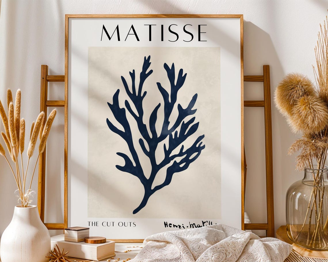 Henri Matisse Inspired Navy Coral Seaweed Cutout Coastal Print