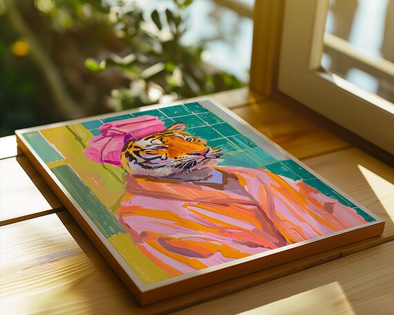 Tiger In Bathrobe Wall Art Funny Bathroom Jungle Cat Poster Bold Tropical Animal Print Pink Spa Towel Painting Decor