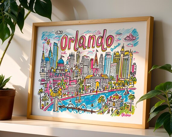 Orlando Florida Colorful Doodle Cityscape Sunny Waterfront Poster