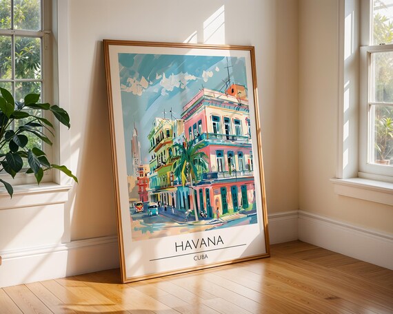 Havana Travel Print Colorful Street Scene Retro Caribbean Wall Art Vintage Cuban Poster Tropical Architecture Decor