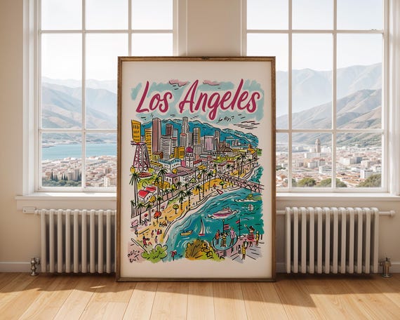 Los Angeles Poster La Cityscape Wall Art Colourful Travel Print Handdrawn Illustration Decor Home Gift