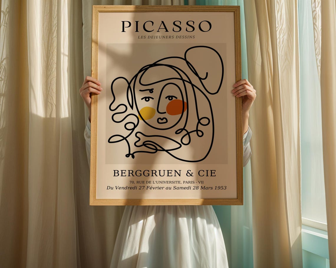 Picasso-Inspired Abstract Face Curly Line Colorful Cubist Poster