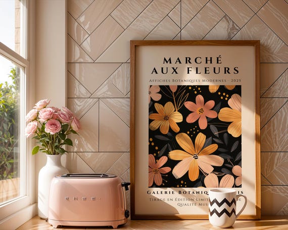 Retro Botanical Wall Art Print Orange Yellow Flowers On Black March Aux Fleurs Paris Floral Illustration Poster Office Bedroom