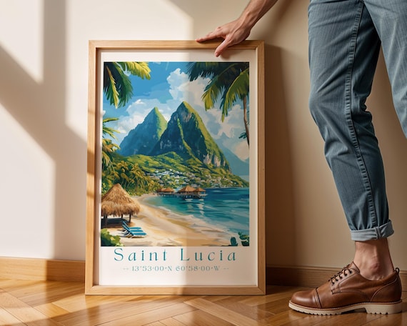 Saint Lucia Caribbean Pitons Beach Tropical Paradise Travel Poster