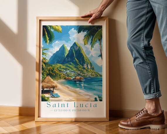 Saint Lucia Wall Art Print Caribbean Travel Poster Pitons Scenic Beach Decor Tropical Paradise Illustration Island Getaway