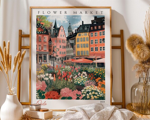 Oslo Flower Market Scandinavian Cityscape Colourful Art Poster