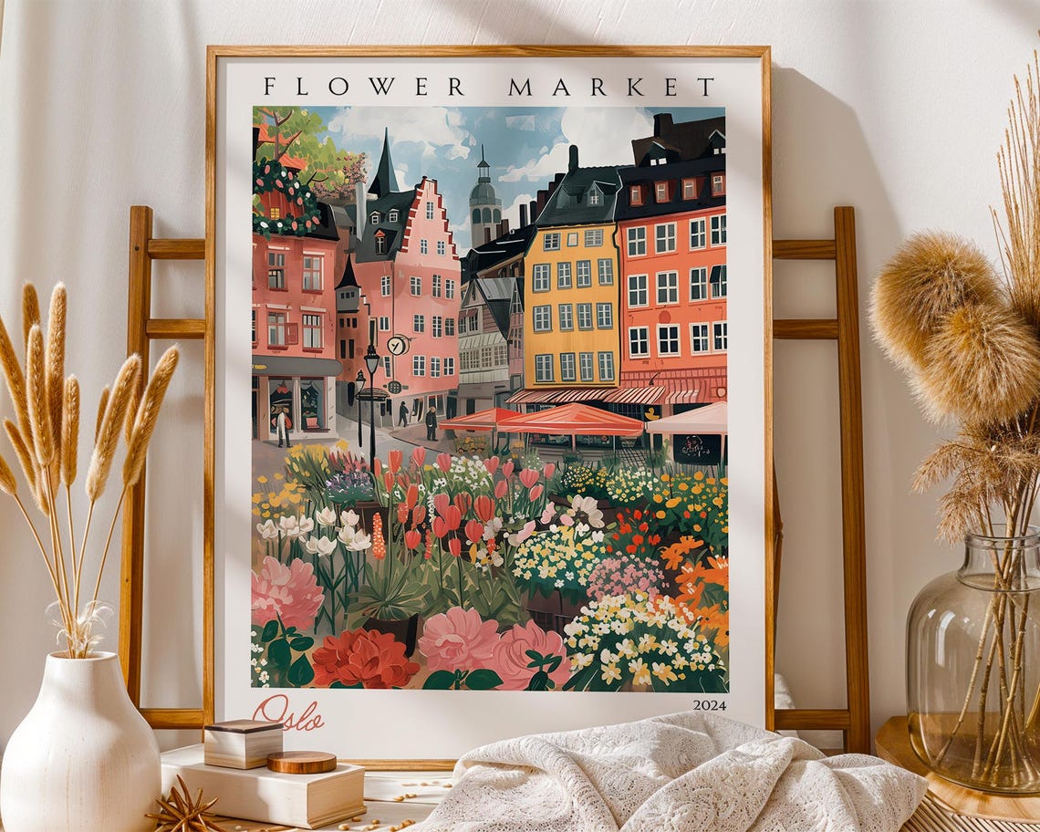 Oslo Flower Market Scandinavian Cityscape Colourful Art Poster