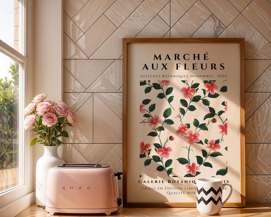 Marché Aux Fleurs Pink Hibiscus Vine Modern Botanical Paris Poster