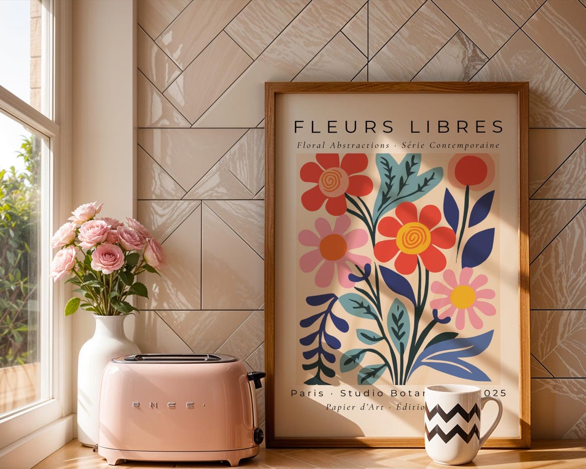 Fleurs Libres Bold Red Flowers Parisian Botanical Abstract Poster