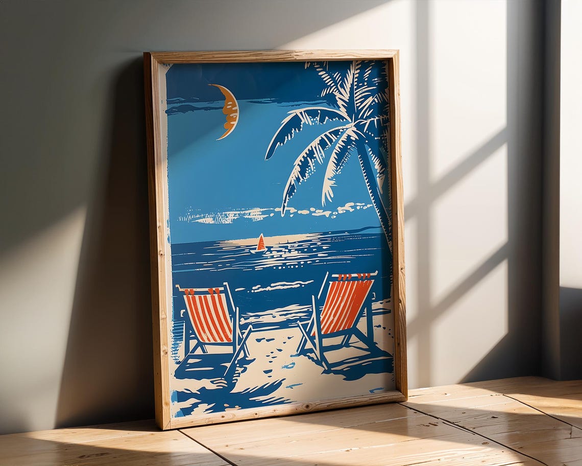 Retro Beach Sunset Two Chairs Palm Tree Moon Vintage Decor Poster