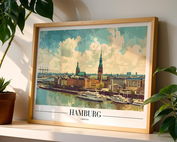 Hamburg Germany Skyline With Harbor Ships Retro Cityscape Travel Poster