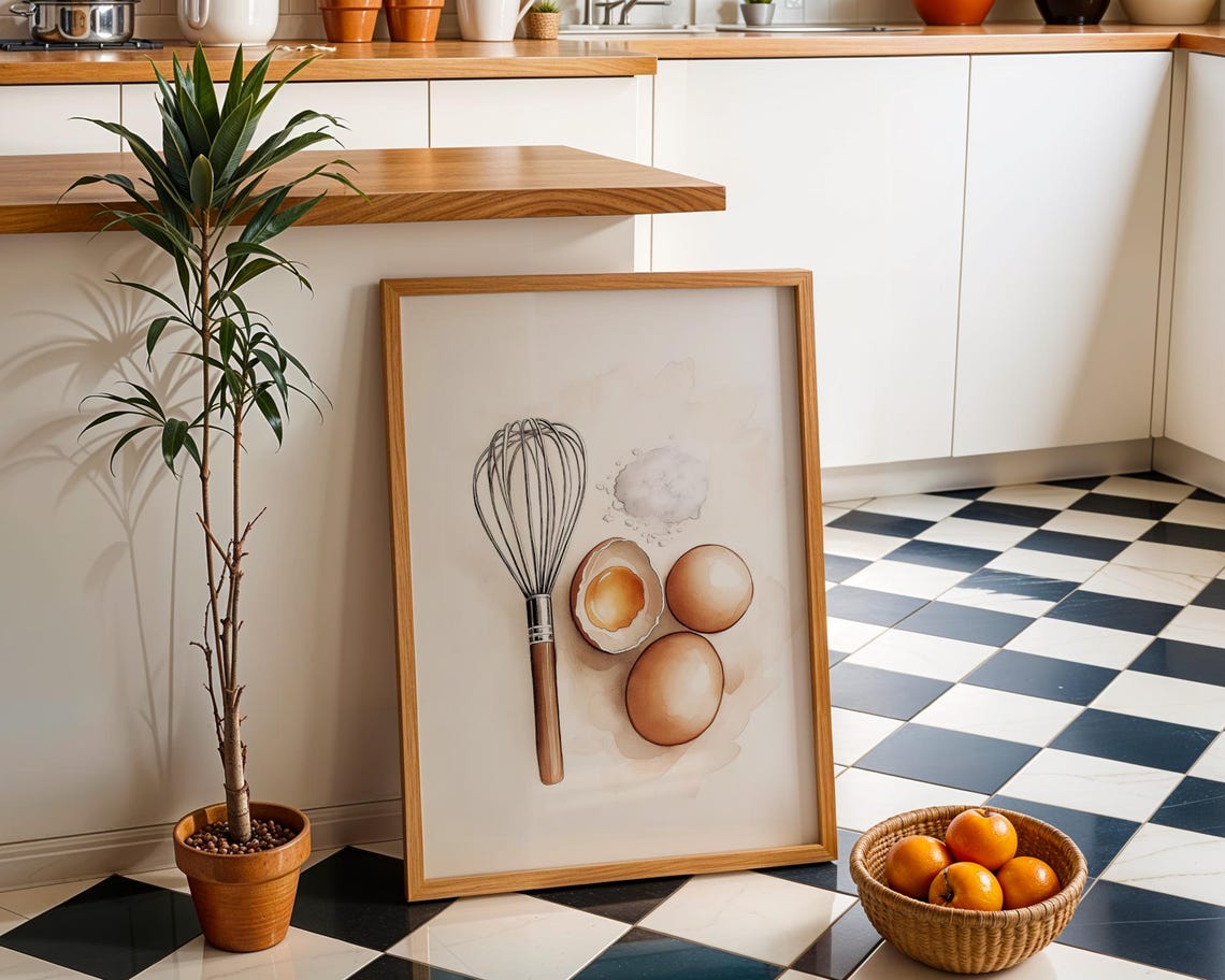 Charming Whisk and Eggs Watercolor Kitchen Print for Bakers and Chefs