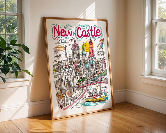 Newcastle England Colorful Castle Riverfront Doodle City Travel Poster