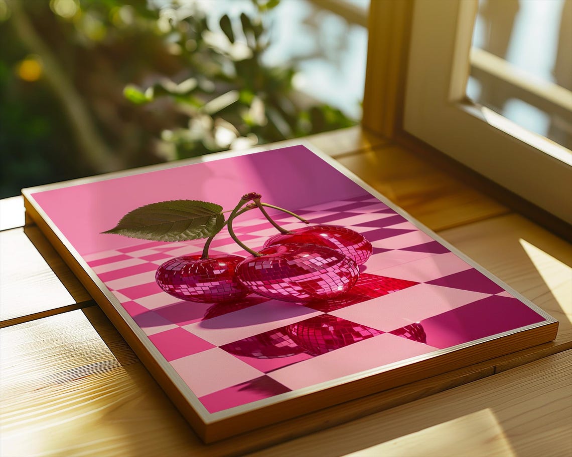 Sparkling Disco Ball Cherries On Pink Checkerboard Pop Art Poster