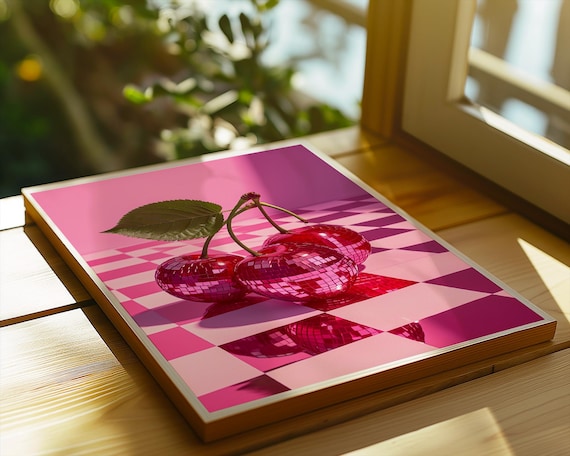 Sparkling Disco Ball Cherries On Pink Checkerboard Pop Art Poster