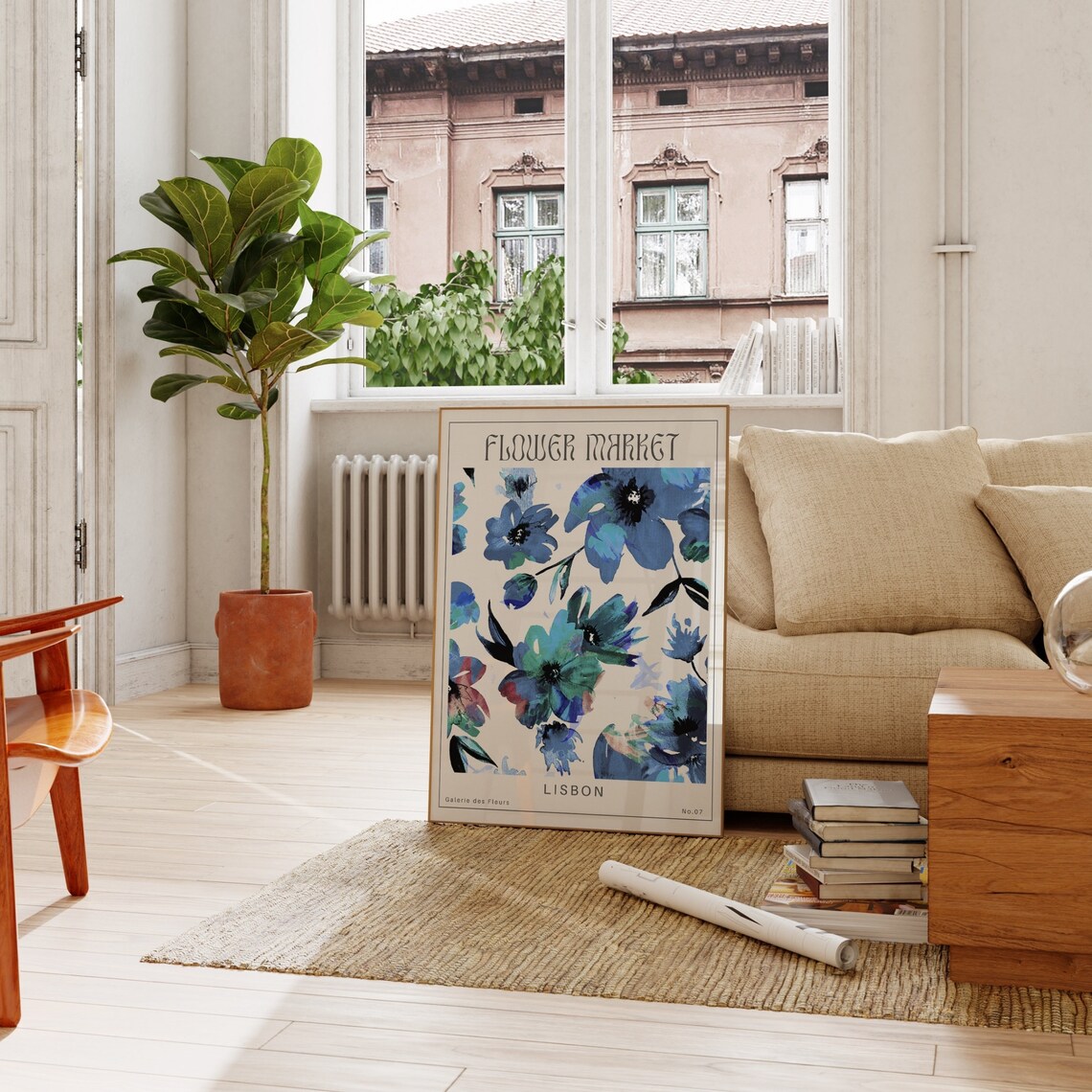 Lisbon Flower Market Bold Blue Expressive Floral Watercolor Poster - Image 2