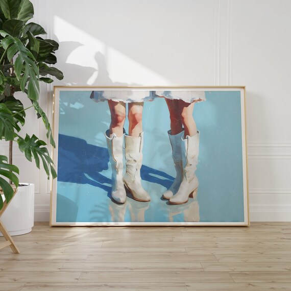 Cowgirl Legs In White Boots On Bright Blue Preppy Western Poster