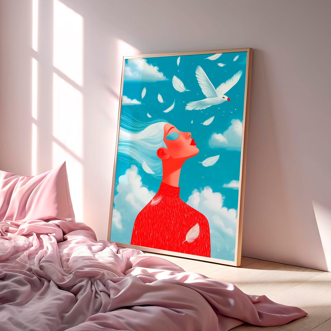 Dreamy Sky Woman White Dove Surreal Feminine Whimsical Art Poster