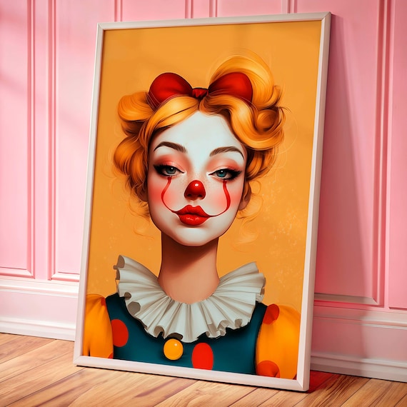 Clowncore Blonde Clown Girl with Red Bow Retro Poster for Maximalist