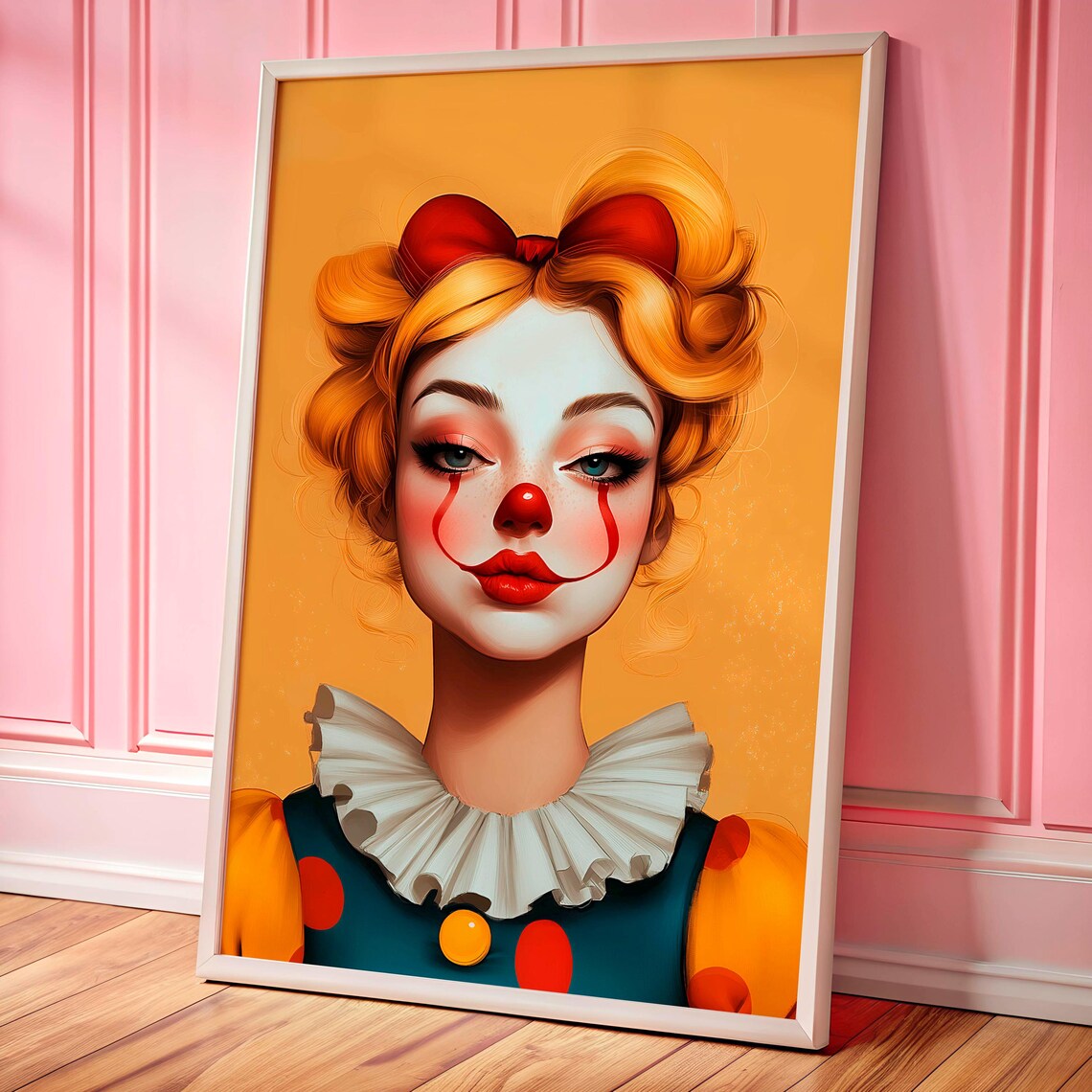 Clowncore Blonde Clown Girl with Red Bow Retro Poster for Maximalist