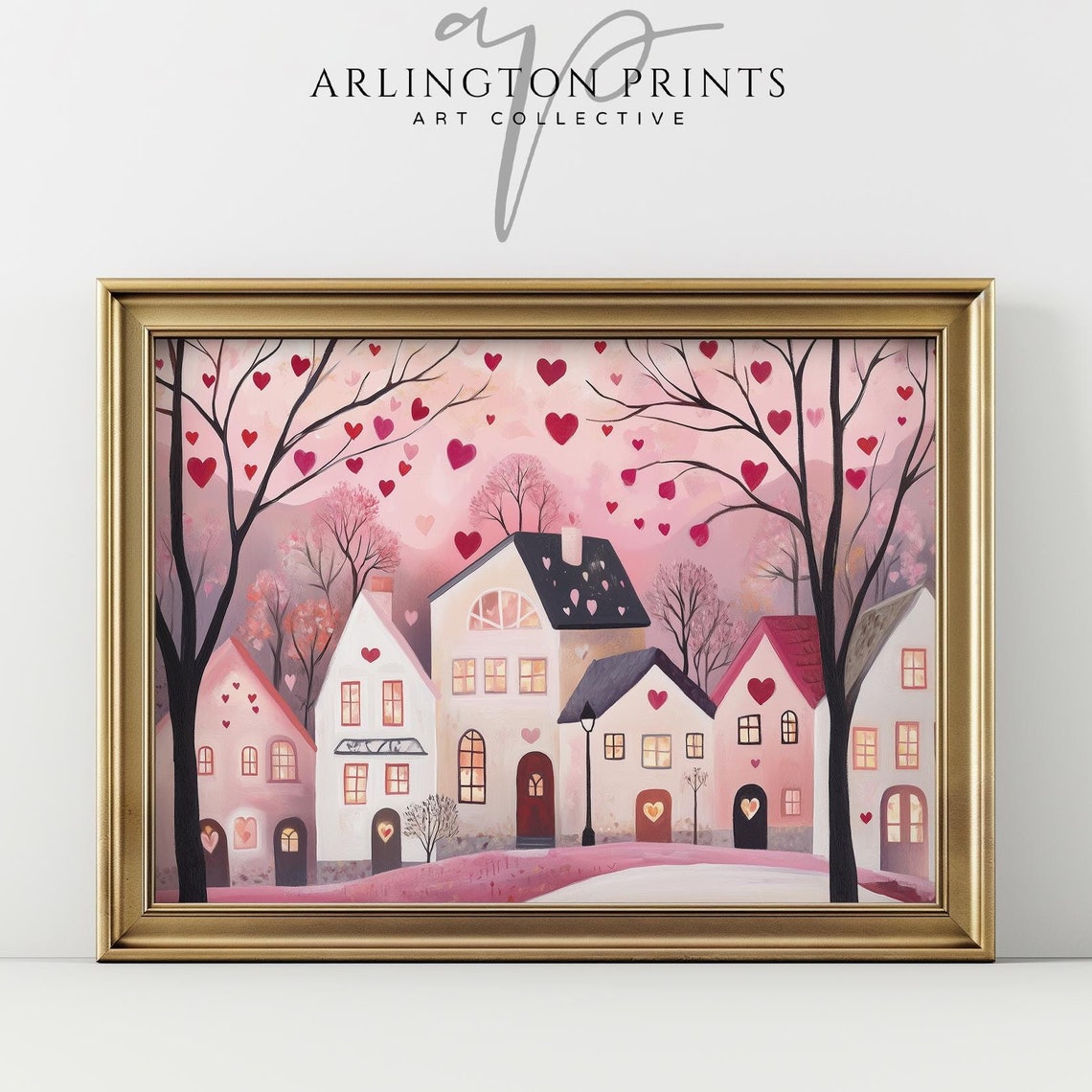 Pink Valentine Street With Cozy Houses And Floating Hearts Poster