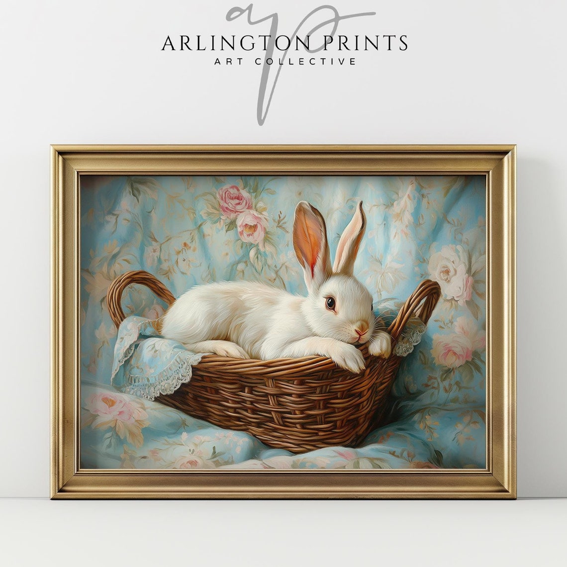 White Easter Bunny Resting in a Wicker Basket on Floral Fabric Poster