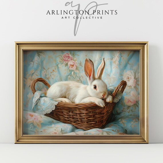 White Easter Bunny Resting in a Wicker Basket on Floral Fabric Poster