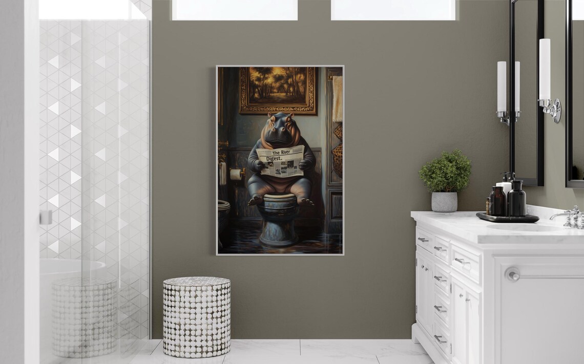Funny Hippo on Toilet Reading The River Digest Newspaper Poster - Image 4