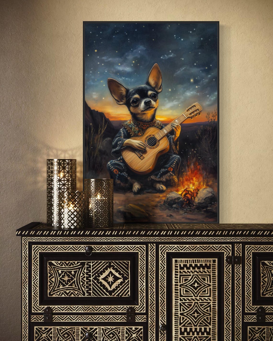 Tiny Chihuahua Mariachi Playing Guitar by Campfire at Sunset Poster - Image 4