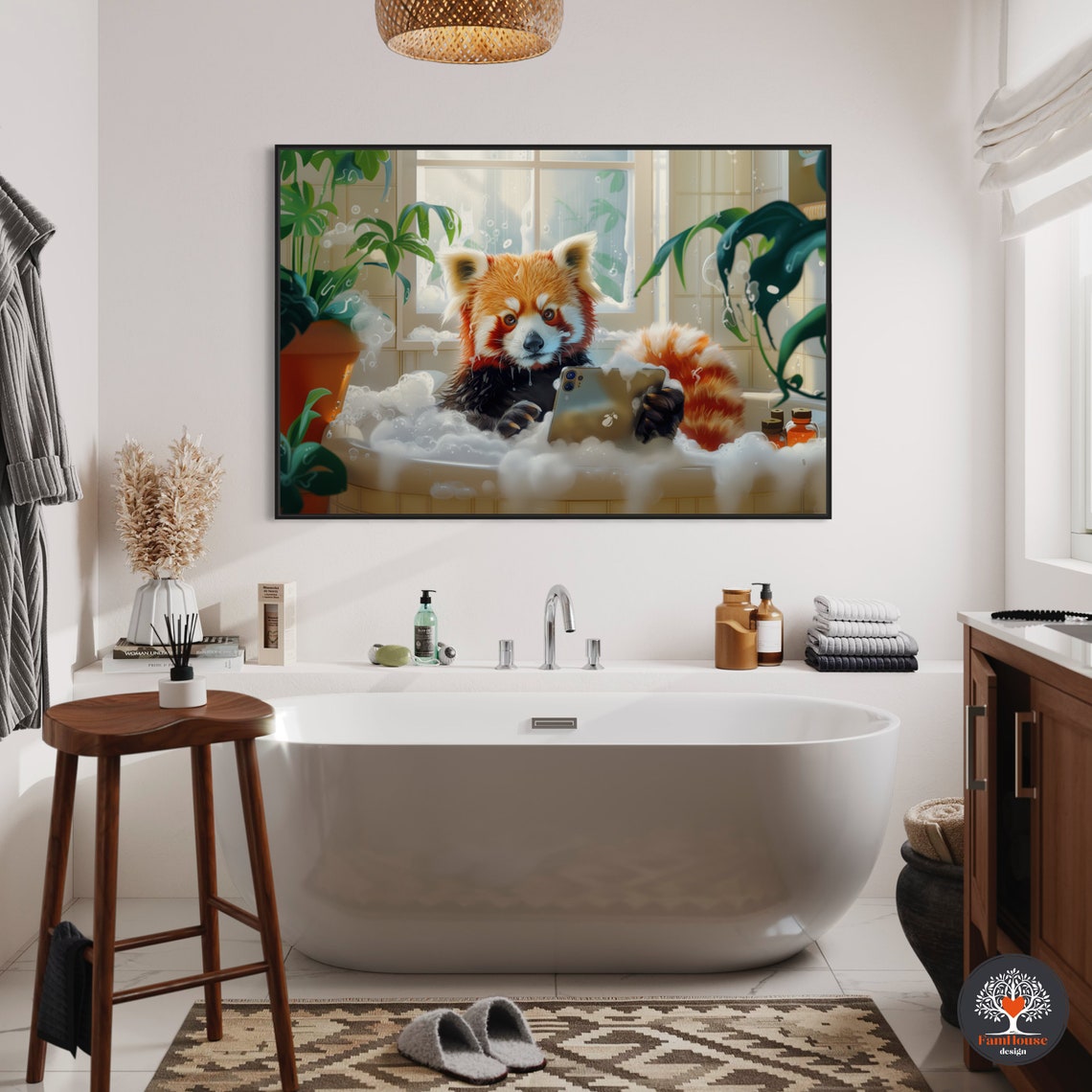 Red Panda Bath Time Relaxing in Bubble Bath with Phone Poster - Image 6
