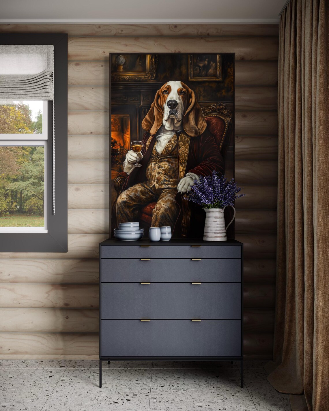 Regal Basset Hound Aristocrat in Velvet Robe Sipping Whiskey Poster - Image 3