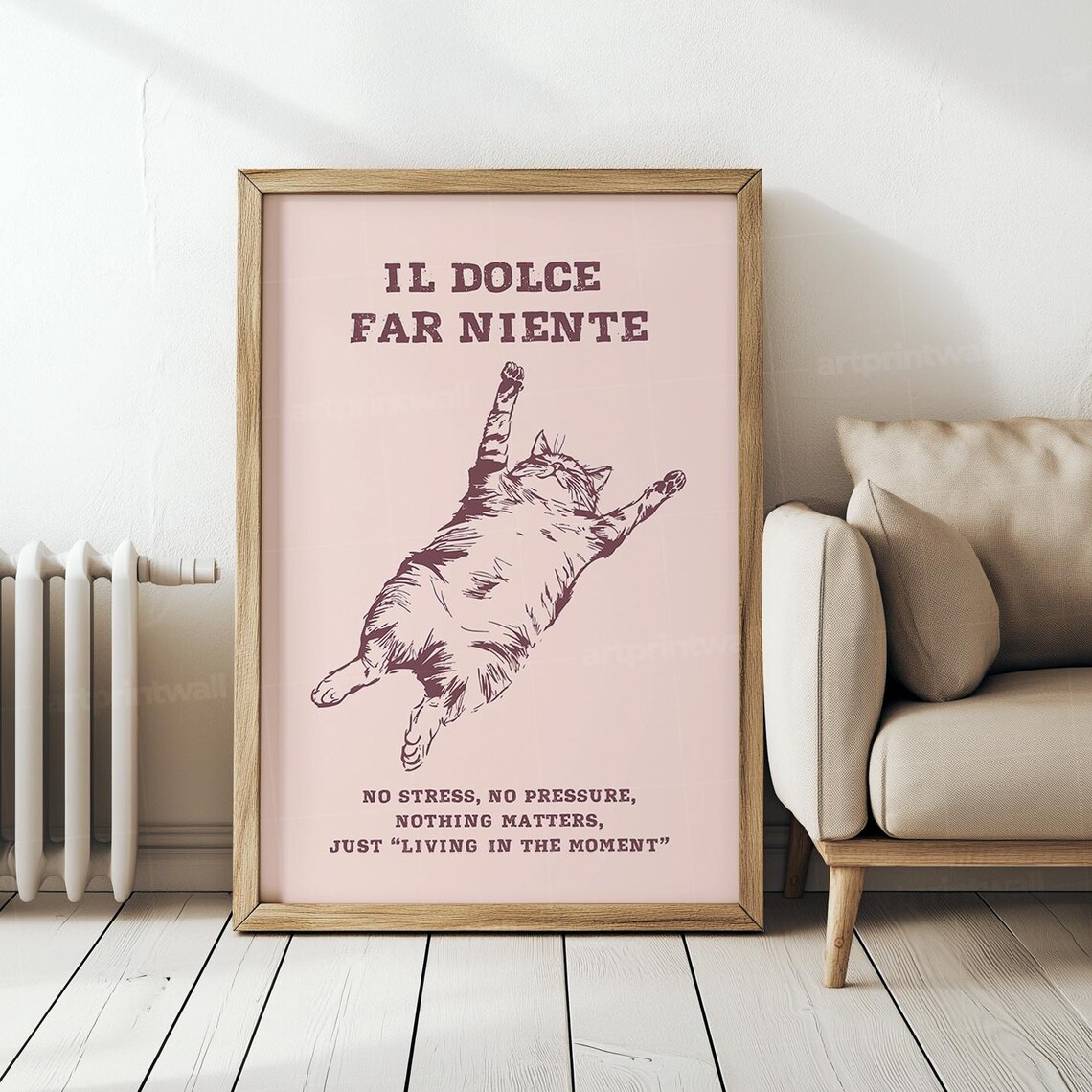 Il Dolce Far Niente Pink Napping Cat Funny Italian Quote Poster